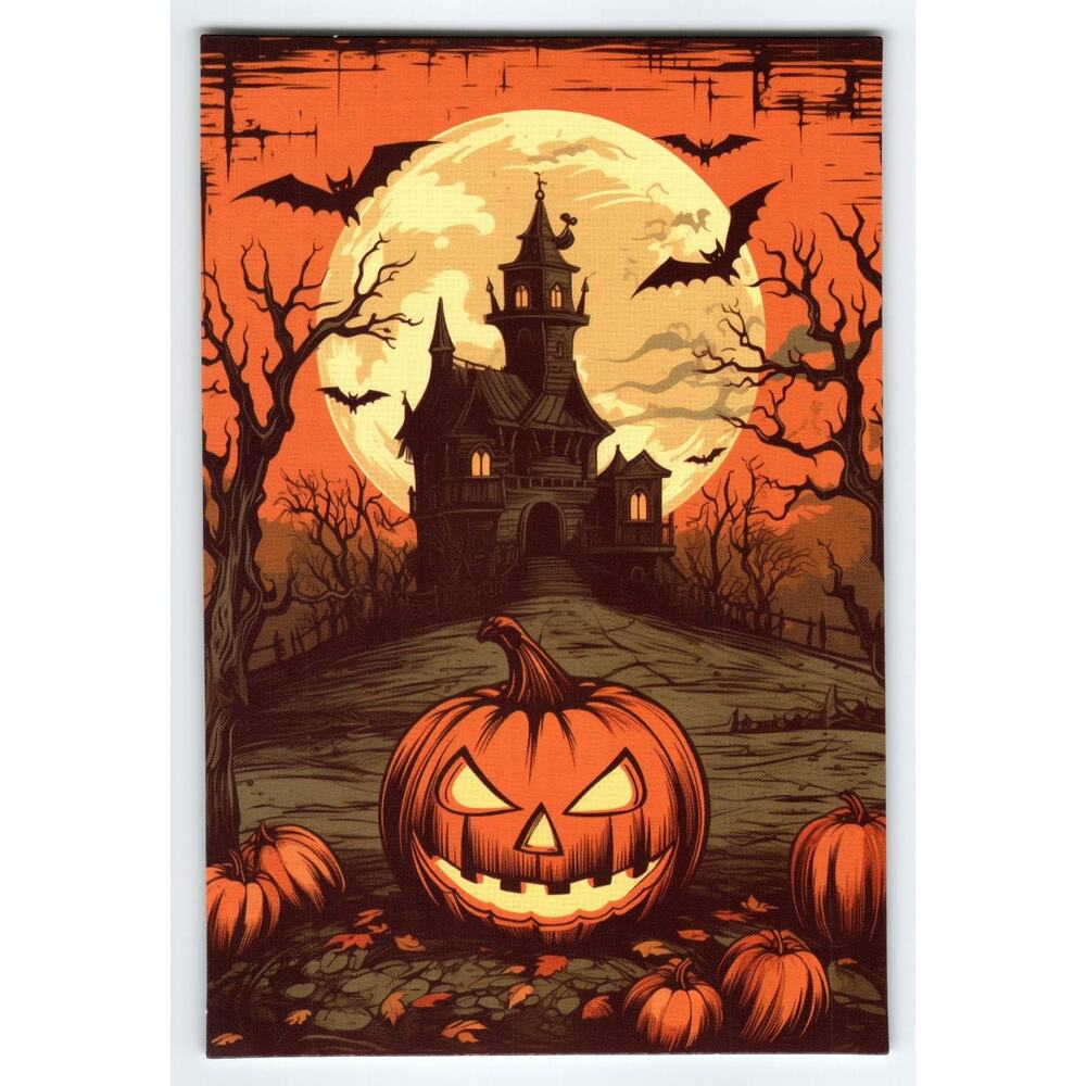 Vintage Photochrome Halloween Postcard Jack-O'-Lantern Haunted House